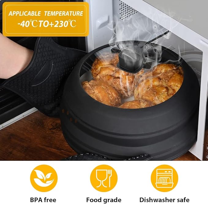 Tall Microwave Splatter Cover Glass Cover Guard Lid 5.8 inch Height with Collapsible Silicone for Food Pot Plate 8.5 inch Black
