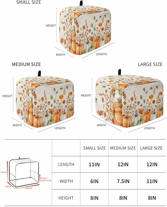 Orange White Pumpkins Fall Toaster Cover 4 Slice, Thanksgiving Botanical Leaves Dustproof Bakeware Oven Protector with Hook, Retro Waterproof Small Kitchen Appliance Toasters Dust Cover, 12"x11"x8"