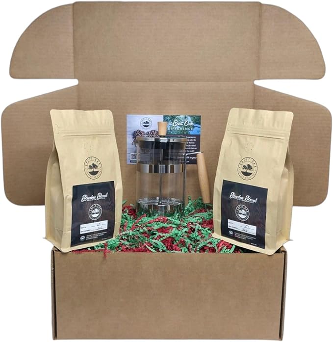 Gift Set for men and women with 2 Pack Organic Bourbon Barrel Aged Whole Beans Roasted Coffee + 1 French Press.