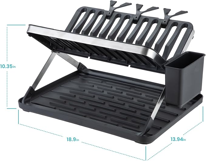 Home Zone Living Foldable Dish Drying Rack with Removable Utensil Caddy and Drip Tray