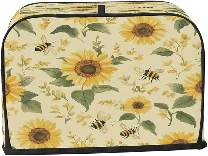 2 Slice Toaster Cover,Sunflower Bee On Retro Small Kitchen Appliance Bread Machine Cover with Pockets,Dust & Fingerprint Protection