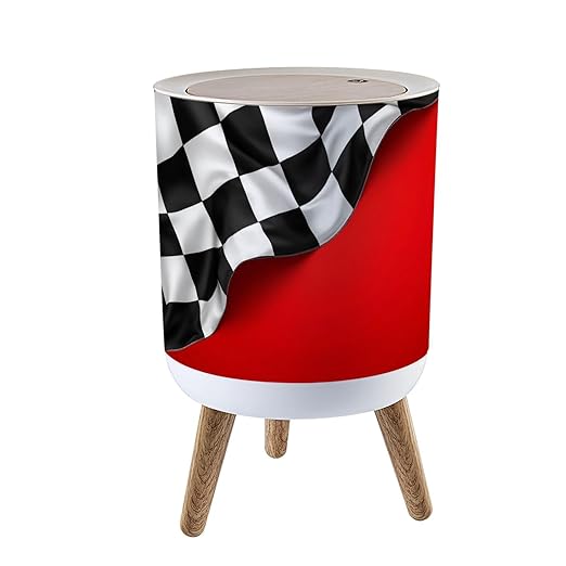 Trash Can with Lid Checkered Flag Press Top Round Small Garbage Bin with Wooden Legs Waste Basket for Kitchen Bedroom Nursery 7L/1.8 Gallon