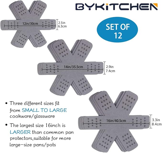 BYKITCHEN Pan Pot Protectors, Larger & Thicker Pan Protector with Stars, Set of 12 and 3 Different Sizes, Gray Pot Separator Pads for Stacking and Protecting Your Cookware