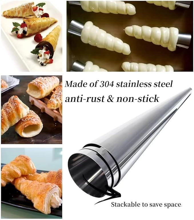 large Cream Horn Molds 5-inch, 16 PCS Cream Horns Pastry Molds with Cleaning Brush Croissant Baking Forms for Baking Croissants Bead, Chocolate Croissant, Brioche Rolls, Party Dessert