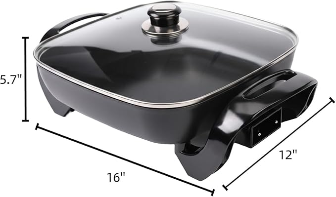 12" Ceramic Nonstick Electric Skillet with Tempered Vented Glass Lid, Scratch-Resistant Surface, Cool-Touch Handles, Removable Easy-to-Clean Design, 1200W, Sleek Black