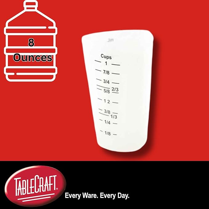 TableCraft HSMC31 Flexible Measuring Cup, 1 Cup, Silicone, 3-Sided Design with Measurements in Cups, Ounces, Milliliters, Ergonomic Grip, Heat Safe to 450°F, Microwave and Dishwasher Safe