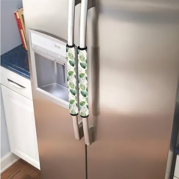 Fridge Door Handle Covers Set of 6 Washable Kitchen Electric Appliances Handle Protector Anti-Skid Home Decor Oven Refrigerator Microwave Accessories, Green Leave Cream White