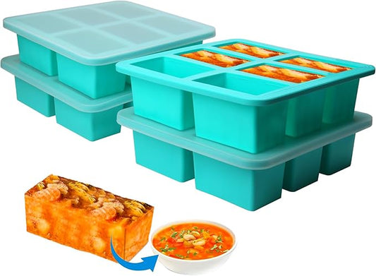 1 Cup Silicone Freezer Trays with Lid, 4 Pcs Ice Cube Freezer Molds, Silicone Ice Cube Tray, Easy Meal Prep, Silicone Mold for Soup and Food Storage(Aqua 4 Pack)