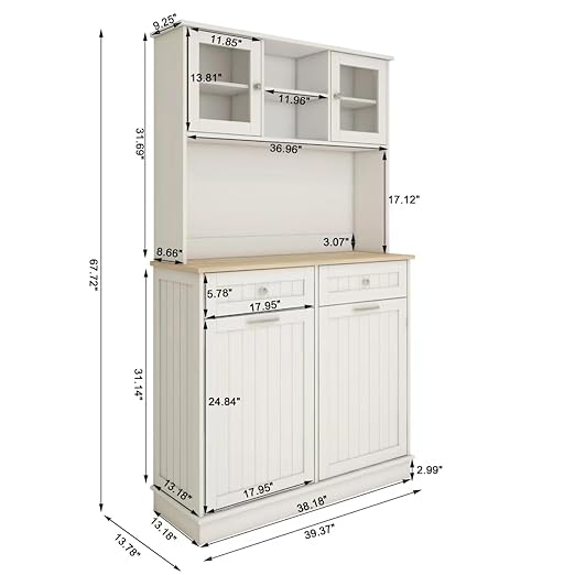 RASOO Trash Can Cabinet 67.7" Tall Kitchen Pantry Storage Sideboard Freestanding Tilt Out Trash Can 10 Gallon Glass Doors with 2 Drawers Microwave Coffe Bar
