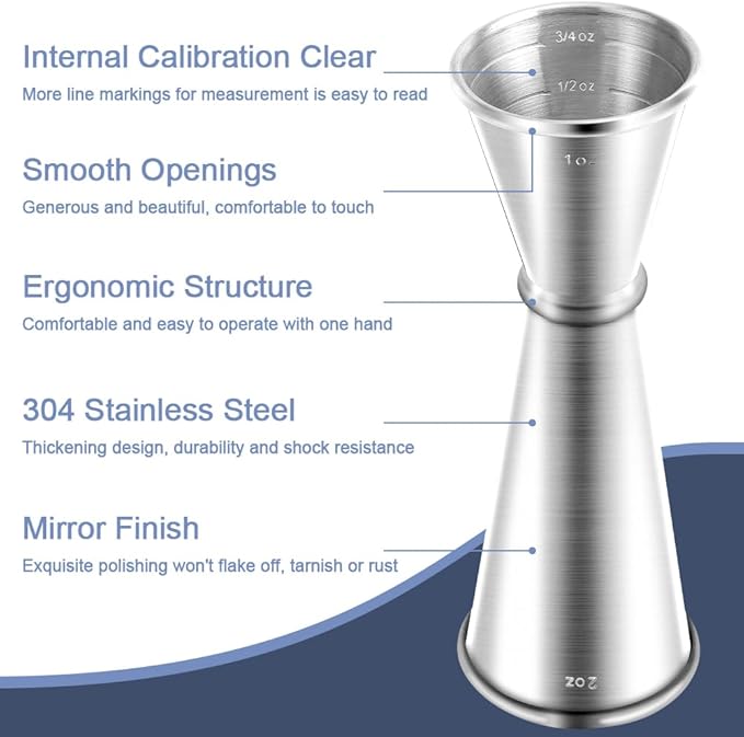 Briout Jigger for Bartending, 2Pcs Double Cocktail Jigger Japanese Premium 304 Food Grade Stainless Steel Jigger 2 OZ 1 OZ with Measurements Inside, Silver