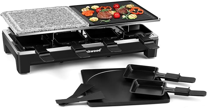 Raclette Grill, Techwood Electric Indoor Grill with 2 Reversible Non-stick Grill Griddle Plates, 1 Stone Grill Plate, 1500W Fast Heating with 8 Cheese Pans, Ideal for Parties and Family Fun, Black