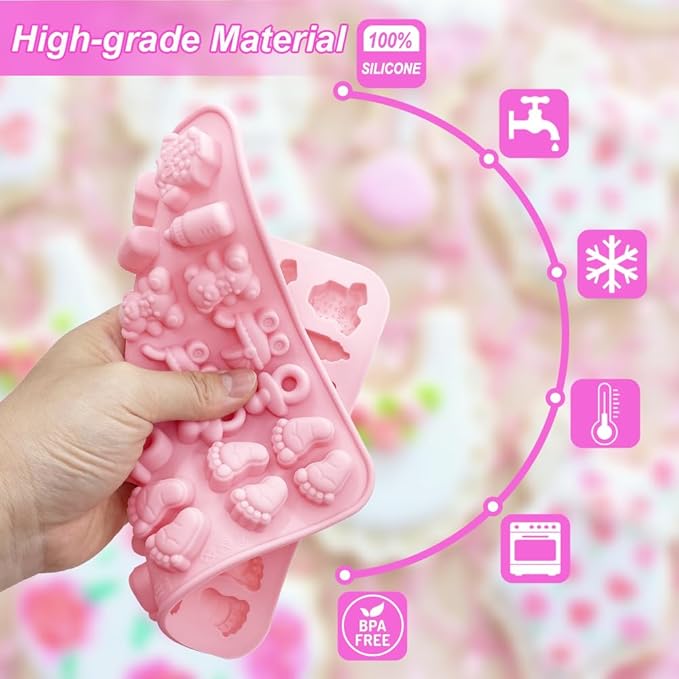 2 Pack Baby Shower Molds Silicone, 35 Cavity Baby Feet Molds with 3D Bottle Pacifier Onesie Carriage Bear Patterns for Baby Shower Party, Birthday, Candy, Chocolate, Cake Decorations Cupcake Topper