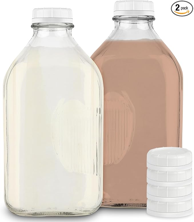 Stock Your Home 64-Oz Glass Milk Jugs with Caps (2 Pack) - 64 Ounce Food Grade Glass Bottles - Dishwasher Safe - Bottles for Milk, Buttermilk, Honey, Tomato Sauce, Jam, Barbecue Sauce