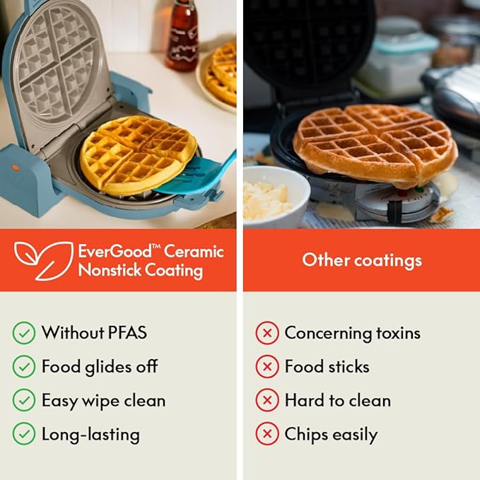 bella Flip-n-Store Waffle Maker,EverGood™ Ceramic Nonstick Coating,Fits-anywhere™ Kitchenware,Power Indicator Light & Touch Handle,7” Wide & 1" Deep Plates,1000 Watt,Surf,(Pack of 2)