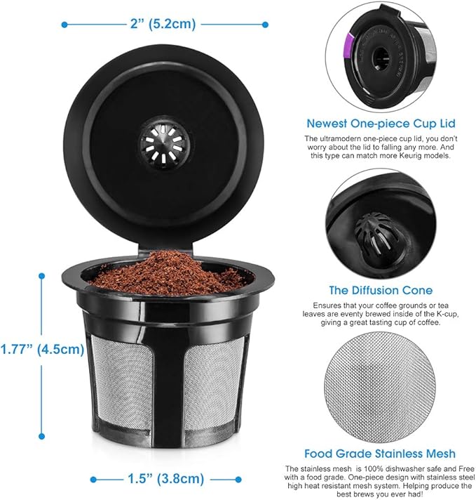 Reusable K Cups, Universal Fit Reusable Coffee Filters with Food Grade Stainless Steel Mesh Eco-Friendly Coffee Pods, for 1.0 and 2.0 Brewers (4)