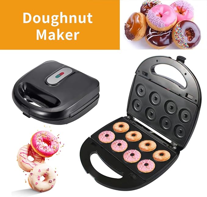 Donut Maker, 4 in 1 Electric Waffle Sandwich Machine，Panini Press Grill Iron Set with 4 interchangeable Removable Non Stick Plates，750W Detachable Dessert Toaster, Perfect for Breakfast