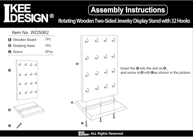 Ikee Design Wooden Rotating Two-Sided Jewelry Display Stand, Rotating Organizer with 32 Hooks for Store, Earring Keychain Display with Hooks, Oak color, 9 W x 7.5 D x 16.5 H in
