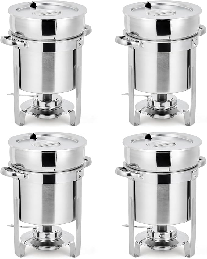 GarveeHome 11QT Soup Chafer Set of 4, Stainless Steel Round Soup Warmer with Pot, Notched Lids & Fuel Holders, Commercial Food Warmer for Buffets, Events and Party Service