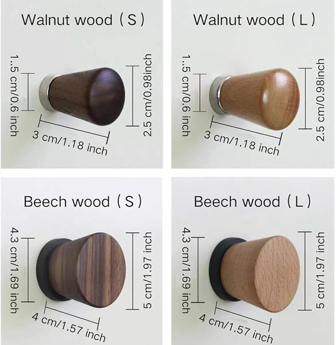 2 PCS Retro Magnetic Hooks, Wrought Iron Wooden Ball Hooks, Creative Punch-Free Storage for Refrigerators, Metal Doors, and Lockers (Beech+Walnut Wood,L)