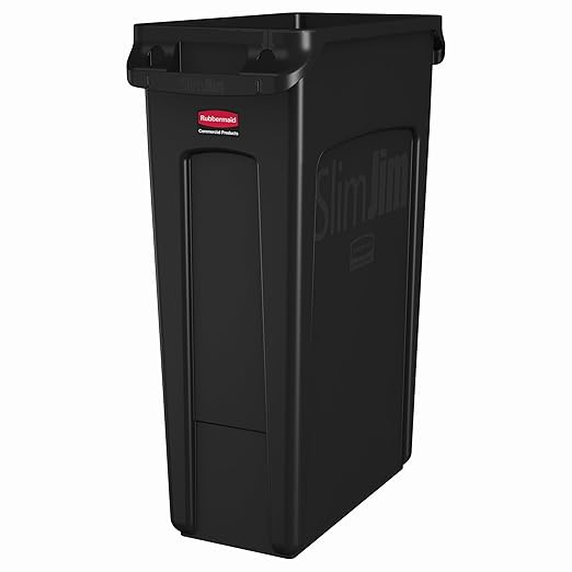 Rubbermaid Commercial Products Slim Jim Plastic Rectangular Trash/Garbage Can With Venting Channels, 23 Gal, Black, for Kitchen/Office/Workspace