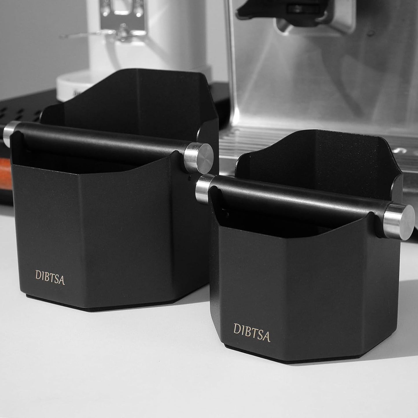 DIBTSA Espresso Knock Box, with Removable Knock Bar and Non-Slip Rubber Base, Espresso Accessory, Stainless Steel, Black, Large