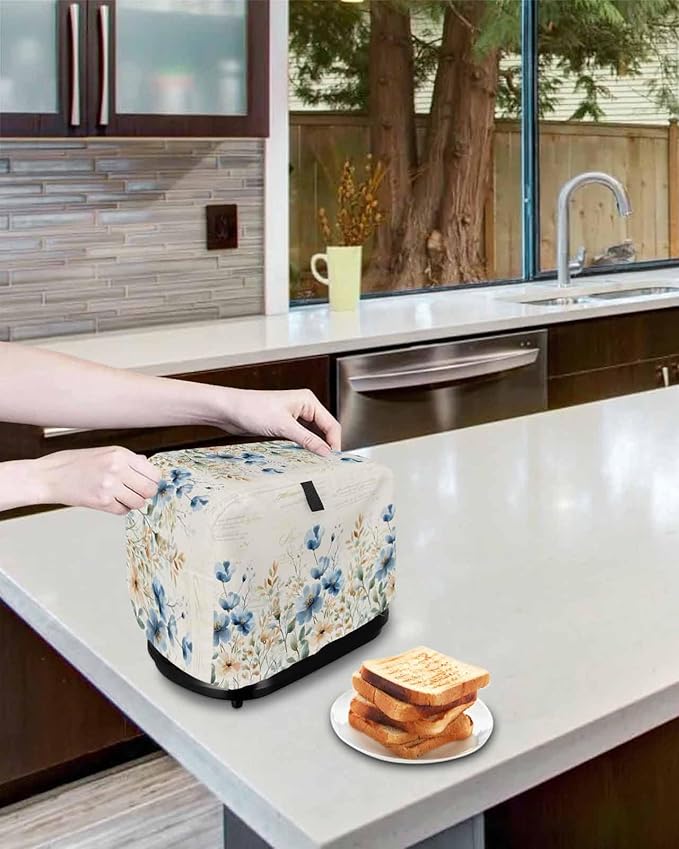 Blue Flowers Rustic Toaster Cover 4 Slice, Spring Vintage Botanical Dustproof Bakeware Oven Protector with Top Hook, Floral Beige Waterproof Small Kitchen Appliance Toasters Dust Cover, 12"x11"x8"