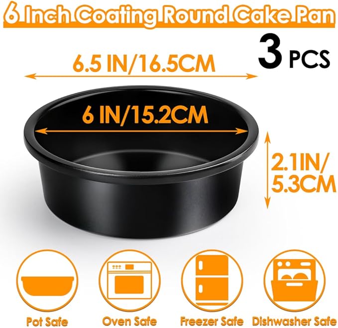 6 Inch Round Cake Pan Set of 3, Nonstick Coating Baking Round Cake Pans with Remvable Bottom for Birthday Layered Cakes,Party, Circle Cake Tins With Wider Grips for Oven Air Fryer, Black
