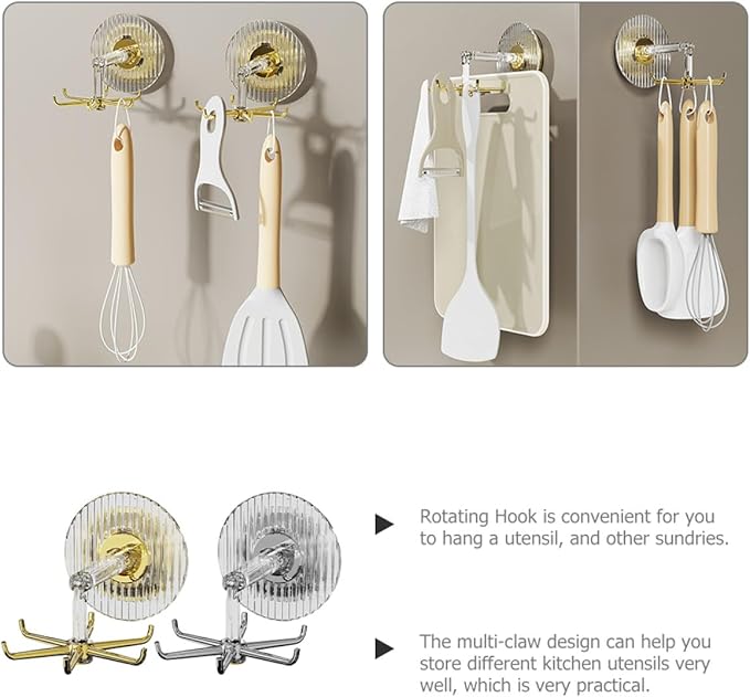 Garneck 2pcs Suction Wall Utensil Hooks with 360° Rotating Six-Claw Design for Kitchen Organization, Multipurpose Strong Hold Utensil Hangers Without Drilling, Wall Mounted Holder