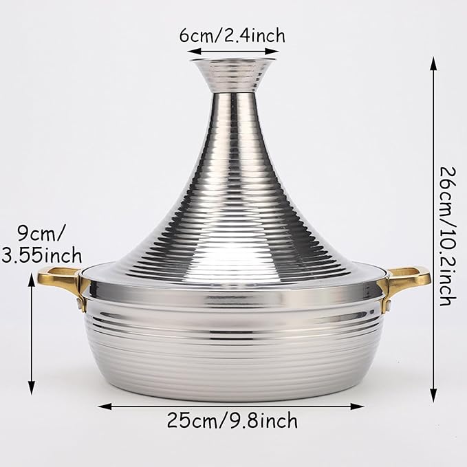 Moroccan Tagine Cooking Pot,Stainless Steel Non Stick Moroccan Casserole with 2 Handles,Large Moroccan Cooker Handmade Tagine Pot with Cone-Shaped Lid(25cm, Silver)