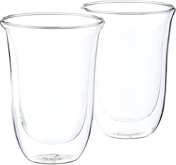 De'Longhi Stainless Steel Milk Frothing Pitcher, 12 ounce (350 ml), 12 oz & DeLonghi Double Walled Thermo Latte Glasses, Set of 2, 2 Count (Pack of 1), Clear