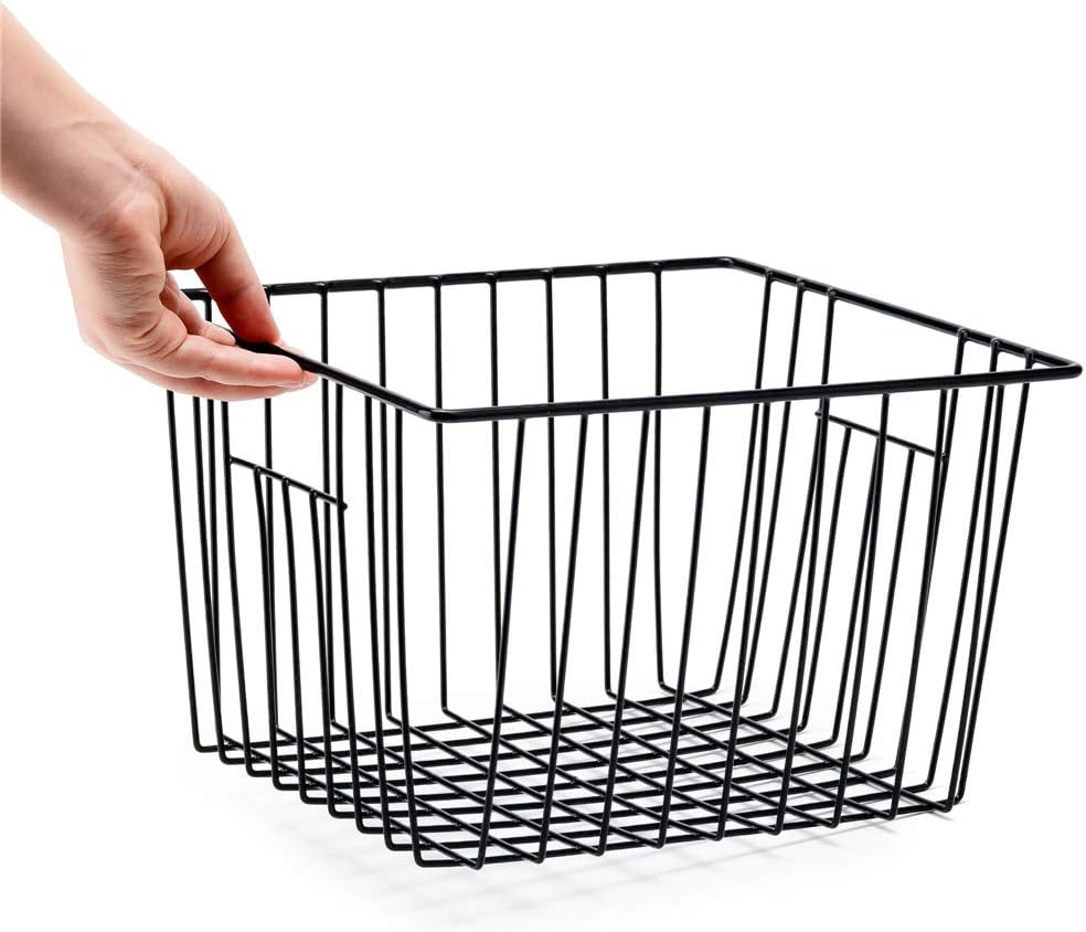 Slideep Refrigerator Freezer Organizer Wire Storage Basket, Farmhouse Food Wire Bins Container with Handles for Kitchen, Pantry, Freezer, Cabinet, Car, Bathroom Black 4 Pack