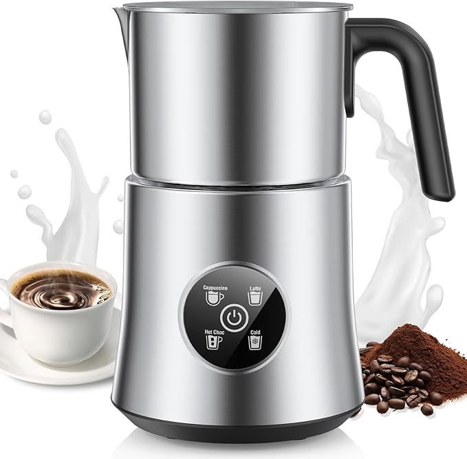 Milk Frother and Steamer, Automatic Hot and Cold Foam Maker with Detachable Stainless Steel Jug, 4-in-1 Electric Frother for Latte, Cappuccinos, Macchiato, and Hot Chocolate