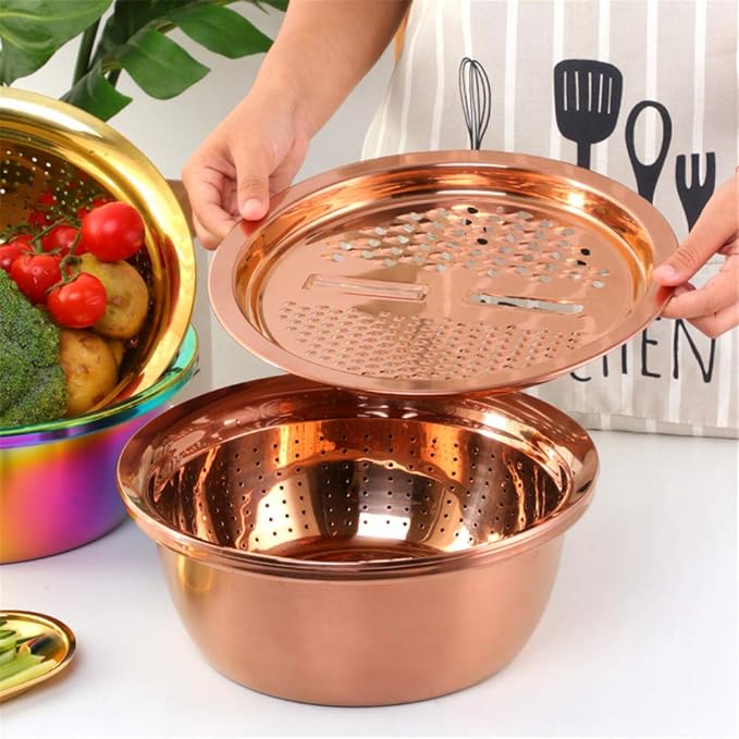 3-In-1 Multifunctional Grater Basin Colander Strainer Set, Mingcheng Stainless Steel Kitchen Grater/Drain Basket/Bottom Basin for Washing Rice, Fruits, Vegetable, Grater with Container (Silver)