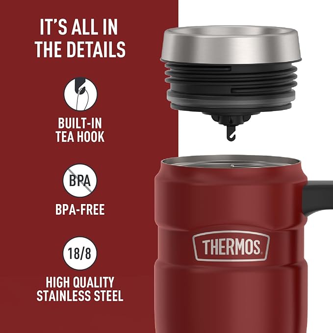 THERMOS Stainless King Vacuum-Insulated Travel Mug with Handle - 16oz, Rustic Red - Thermos Tumbler for Hot & Cold Drinks - Leak-Proof & Sweat-Proof Stainless Steel Coffee Mug with Lid for Commuting