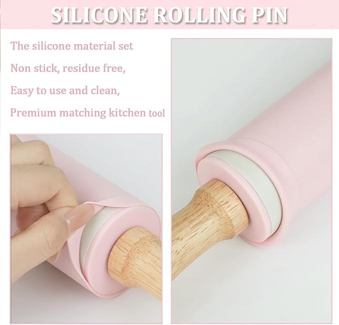 Silicone Rolling Pin for Baking,15inch Pastry Dough Roller with Wooden Handle Non Stick Surface Rolling Pin for Dough Fondant Cookie Pastry Tapered Dumpling Baking Supplies (pink)