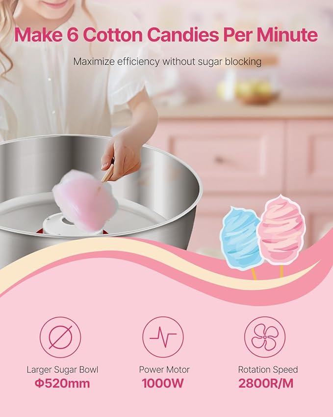 VEVOR Electric Cotton Candy Machine, 1000W Commercial Candy Floss Maker with 20.5 in Stainless Steel Bowl, Sugar Scoop, and Drawer, Easy Home Use, Perfect for Kids Birthday, Family Party, Pink