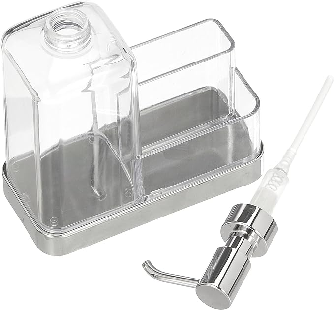 mDesign Plastic Kitchen Sink Countertop Hand Soap Dispenser Pump Bottle Caddy Organizer Holder with Storage for Bathroom - Holds Dish Sponge and Brushes - Omni Collection - Clear/Chrome