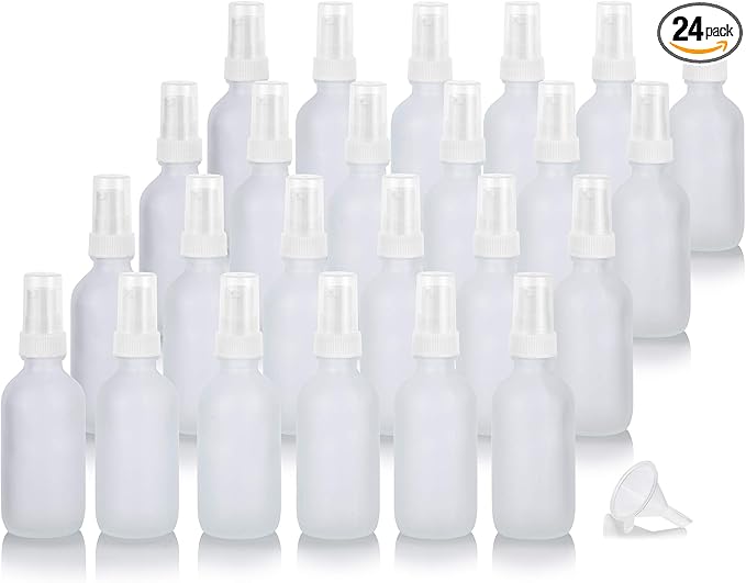 JUVITUS 2 oz Frosted Clear Glass Boston Round White Treatment Pump Bottle + Funnel (24 pack)