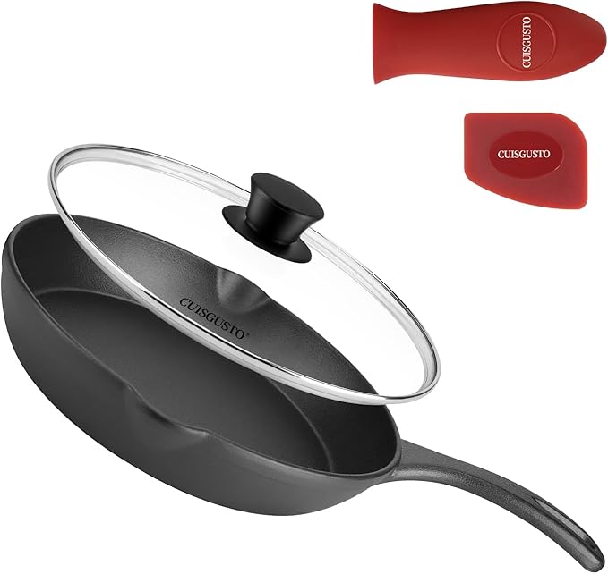 6 Inch Cast Iron Skillet with Tempered Glass Lid, Pre-Seasoned for Even Heating, Silicone Handle Cover & Pan Scraper, Perfect for Single Meals & Side Dishes