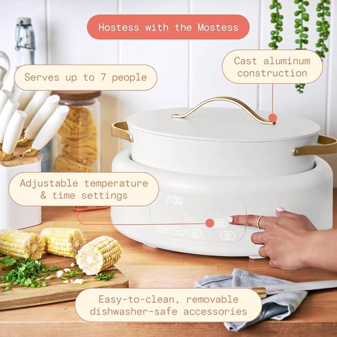 10-in-1 Electric Multi-Cooker by Drew Barrymore, 6-quart, digital display, 10 cooking functions, non-stick pot, easy one-touch control (White Icing)