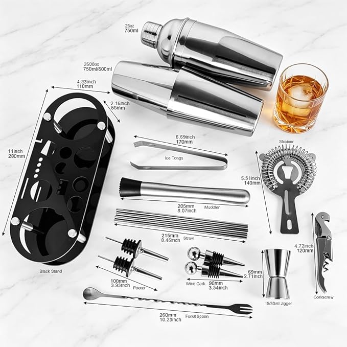 17Pcs Cocktail Shaker Set 750ml, 750/600ml Bartending Kit 25oz, 25/20oz Bar Shakers Tools Bartender Kit with Recipe Book Black Stand