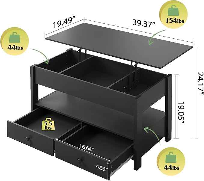 WLIVE Coffee Table, Lift Top Coffee Table with 2 Drawers, Large Hidden Compartment and Open Storage Shelf, Lift Tabletop, Dining Table for Living Room, Black