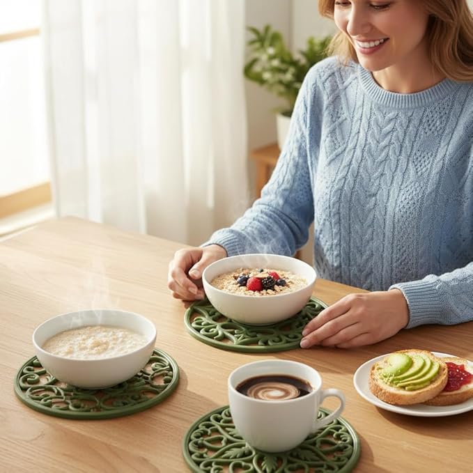 ME.FAN Trivets for Dishes/Pots/Pans, 3 Pcs Silicone Mats, Flexible/Durable/Non Slip Hot Pads to Protect Table and Counter Top (Olive Green)