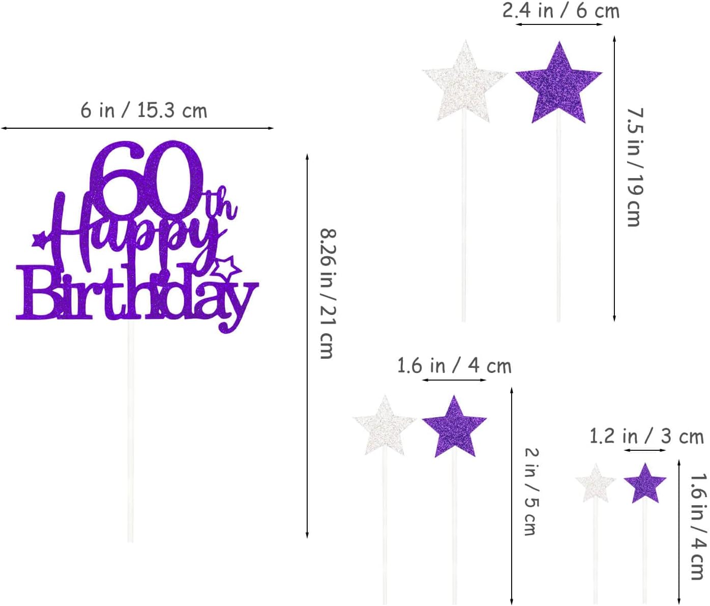 Glittery 60th Happy Birthday Cake Topper with Star,Personalised 60 Birthday Cake Toppers Party Decorations Party Supplies for Men Women Purple Silver