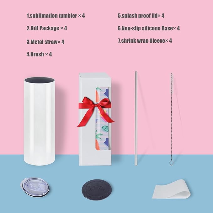 4 Pack 20oz Sublimation Tumblers Bulk, Sublimation Tumbler Blank, Skinny Straight Stainless Steel Blanks Cups with Individual Box (4, 20OZ)