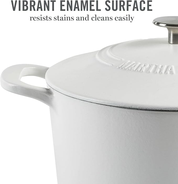 MARTHA STEWART Gatwick 7-Quart Enamel Cast Iron Dutch Oven Pot with Lid – Matte White – Durable Heavy-Duty Dutch Oven for Slow Cooking, Braising & Baking