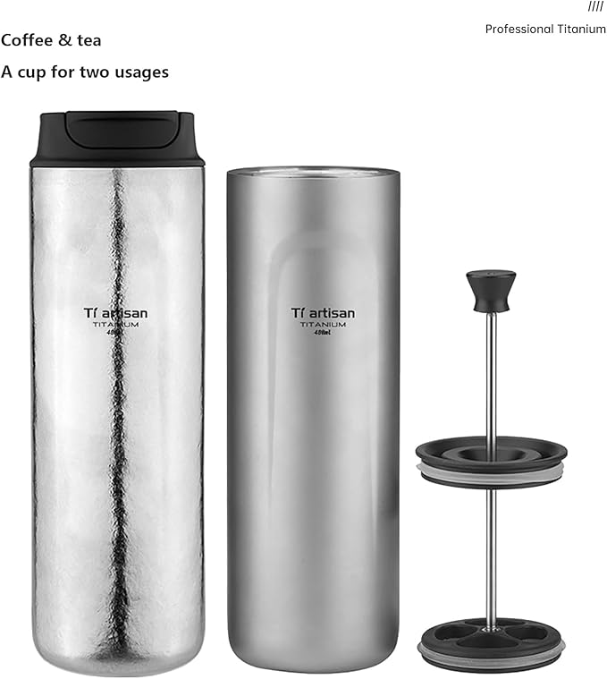Titanium Water Bottle French Press Pot Milk Frother Coffee Cups 16.23fl oz | Double Layer Thermal Insulation | Leakproof & Packable for Travel & Sports | (Ice Flowers)