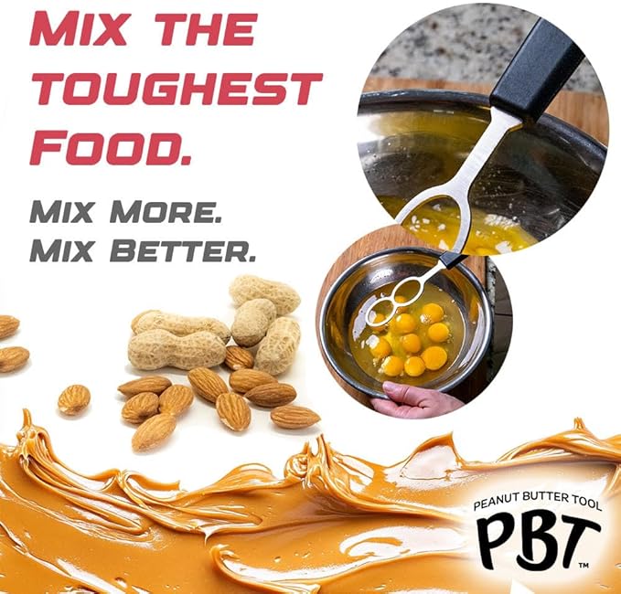 PBT - Peanut Butter Mixer, Stainless Steel Stirring Tool for Natural Peanut Butter, Dough, Yogurt, Sauces, and More - Fits Any Container Size, Less Mess, Dishwasher Safe (BLACK)