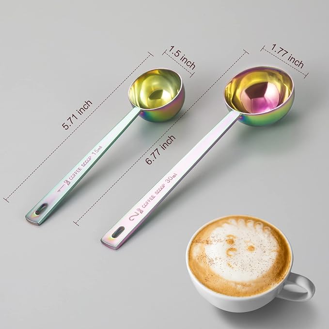 Safring Premium coffee scoop set, set of 2, Metal stainless steel long handle coffee scoop, measuring coffee spoons contains 1 tablespoon (15 ml) and 2 tablespoons (30 ml) multicolor spoon
