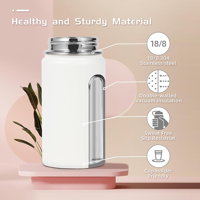 Volhoply 14oz KIds Stainless Steel Insulated Leakproof Water Bottle with Straw Lid and Silicone Boot,BPA-Free Easy Use for Boys&Girls,Double Wall Vacuum Bottles(White,1)